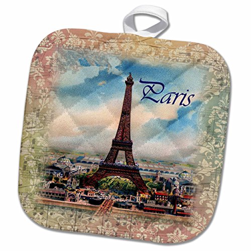 3D Rose Image of Eiffel Tower On Old Music Sheet with Word Paris Pot Holder, 8 x 8