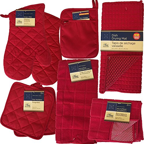 This (Red) Kitchen Starter Set Has Oven Mitts, Pot Holders, Kitchen Towels, Micro-Scrubber Dish Cloths, A Drying Mat, a Refrigerator Magnet Filled With Kitchen Safety Tips and more.