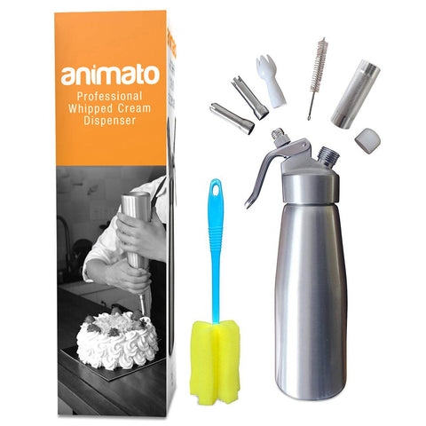 Whipped Cream Dispenser Cream Whipper - Whipping Siphon Whip Cream Charger Seltzer Water Maker Aluminum 1 Pint Stainless Steel Tips Bonus Recipe Ebook Cleaning Brushes Animato Silver Nitro Cold Brew