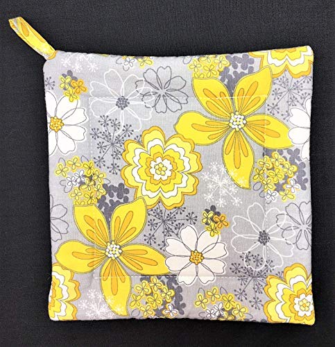 Yellow and White Flowers on Grey Gray Square Trivet Pot Holder Hot Pad