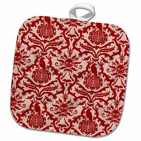 3D Rose Bats-Ravens-Brains and Skulls Goth Horror Damask Pattern in Red Pot Holder, 8 x 8