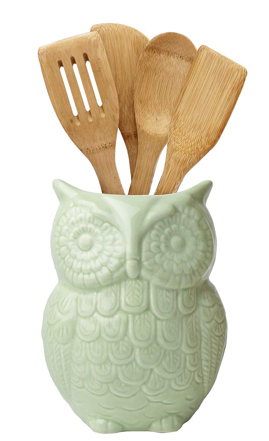 Comfify Owl Utensil Holder Decorative Ceramic Cookware Crock & Organizer, in Lovely Green Color - Utensil Caddy and Perfect Kitchen Ceramic Décor Gift - 5” x 7” x 4” Size