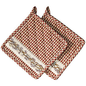 Burgundy Berry Vine on Check Plaid 8 x 8 Inch All Cotton Applique Pot Holder Set of 2