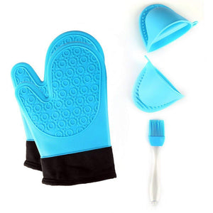 TOPBRY COMINHKPR131010 Heat Resistant Silicone Oven Gloves Non-Slip(1 Pair) for Kitchen Grilling Cooking and Baking& 2 Free Bonus Items-Brush & Pot Holder (Blue), 28 x 17 x 2.8 cm,