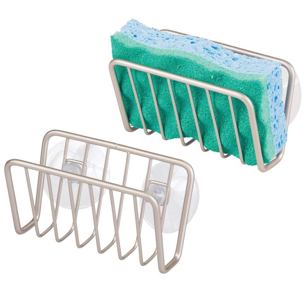 mDesign Metal Farmhouse Kitchen Sink Storage Organizer Caddy - Small Holder for Sponges, Soaps, Scrubbers - Quick Drying Open Wire Basket Design with Strong Suction Cups - 2 Pack - Satin