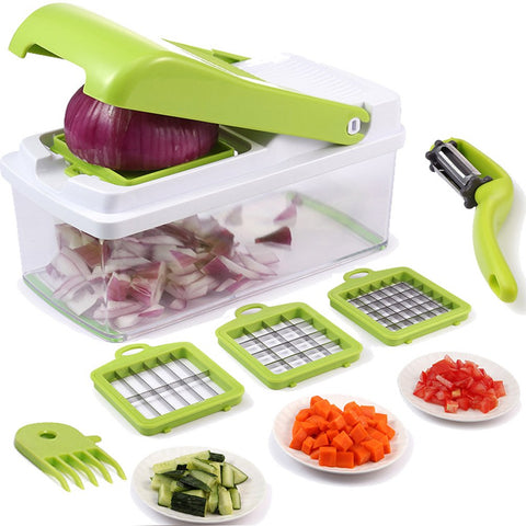 Vegetable Chopper,Upintek Vegetable Fruit Dicer,Effortless No-Mess Salad Onion Vegetable Cutter+Peeler Slicer (Freebies),3Interchangeable Blades Set with Food Container,Cleaning Brush for Veggie Pasta