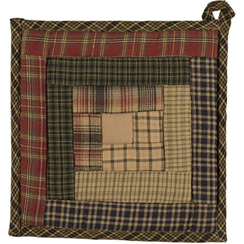 VHC Brands Rustic & Lodge Tabletop & Kitchen - Tea Cabin Green Patchwork Pot Holder, 8" x 8", Moss