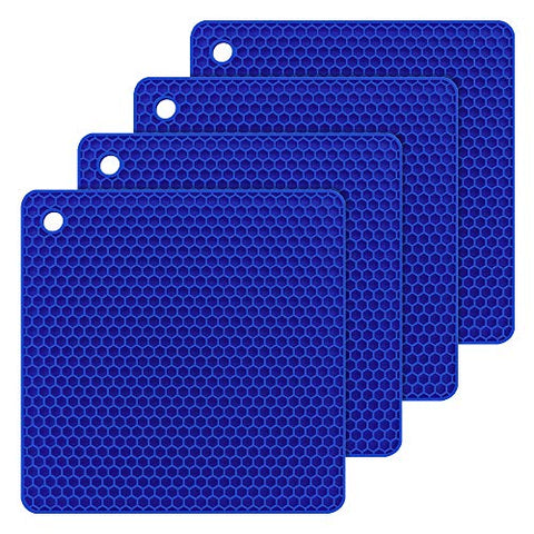 Bligli Silicone Dish Drying Mats Trivet, Durable Multipurpose Pot Holders, Jar Opener, Spoon Rests- Dishwasher Safe –FDA Approved-Food Grade- Set of 4(Blue)