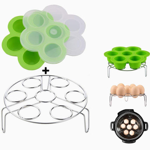 Green Silicone Egg Bites Molds With Stainless Steel Egg Steamer Rack for Instant Pot Accessories, Pressure Cooker Food Steamer, Vegetable Steam Rack Stand and Reusable Storage Container