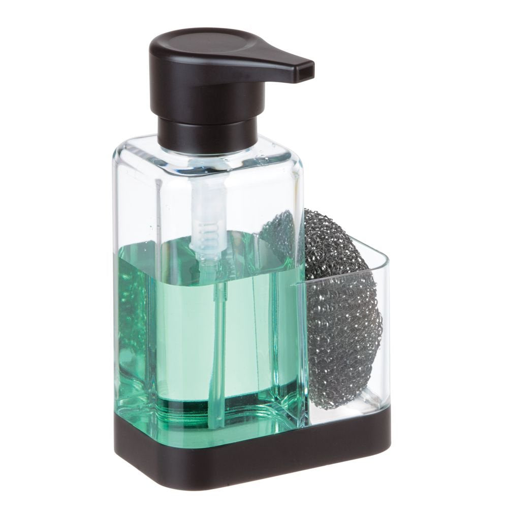 mDesign Modern Plastic Kitchen Sink Countertop Liquid Hand Soap Dispenser Pump Bottle Caddy with Storage Compartment - Holds and Stores Sponges, Scrubbers and Brushes - Clear/Matte Black