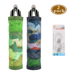 Plastic Bag Holder Sulimy Dispensers Folding Mesh Garbage Bags 2pcs Hanging Storage Bag Trash bags Holder Organizer Recycling Grocery Pocket Containers with 2 Hooks for Home and Kitchen Grey & Green