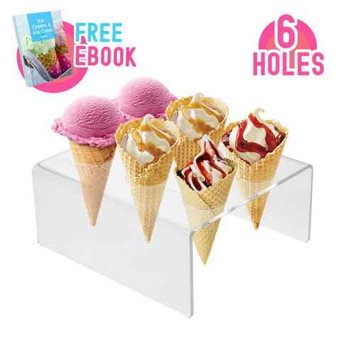 Ice Cream Cone Holder Stand with 6 Holes Capacity, Clear Acrylic Waffle Cone Holder for Ice Cream Cones Snow Cone Hand Roll Sushi Popcorn Sweets Savory, Ice Cream Recipe Ebook Included