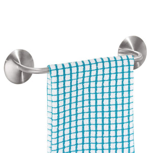 mDesign Decorative Metal Small Towel Bar - Strong Self Adhesive - Storage and Display Rack for Hand, Dish, and Tea Towels - Stick to Wall, Cabinet, Door, Mirror in Kitchen, Bathroom - Brushed