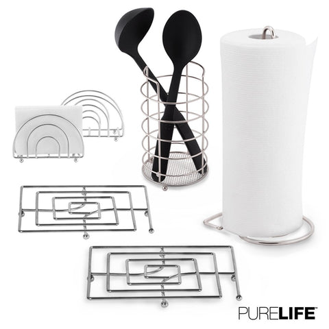 Kitchen Set 6pc | Utensil Holder, Napkin Holder Set, Paper Towel, Trivet Set - Double Coated Chrome Finish Modern Accessories Collection for Countertop Table Decor | Heat Resistant Tool