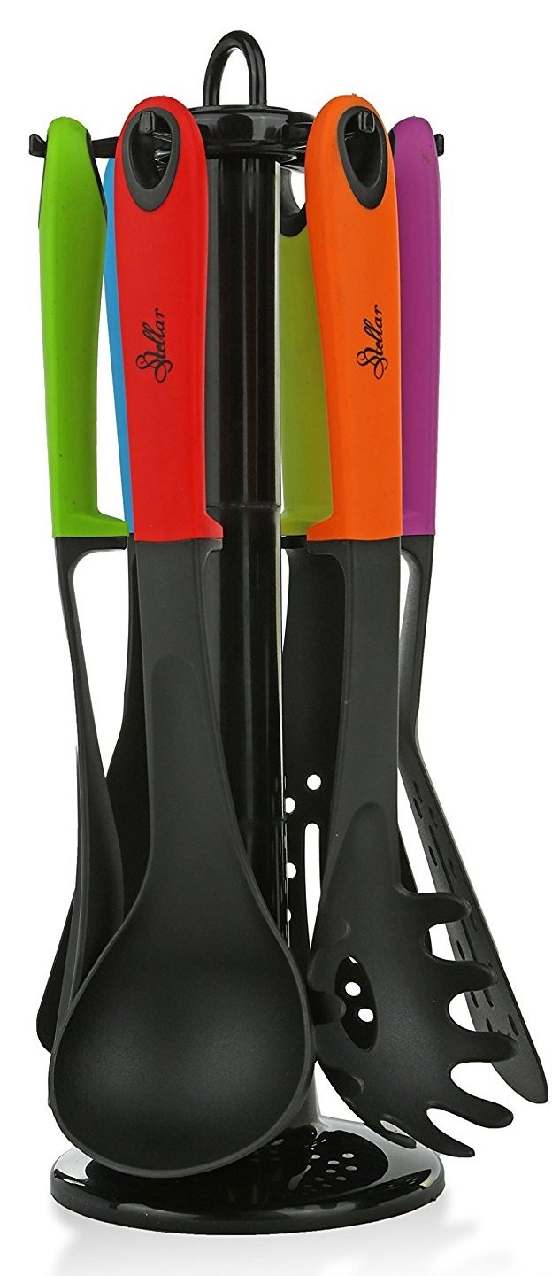 STELLAR 6 Piece Kitchen Cooking Utensil Set with Stand. Nonstick Cookware Gadgets: Slotted Spoon, Serving Spoon, Skimmer, Turner, Slotted Turner & Soup Ladle. Premium Kitchen Supplies with Holder.