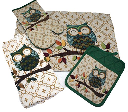 Fall Autumn Owl Kitchen Towel Set - Includes Pot Holder, Towel, Oven Mitt and Placemat