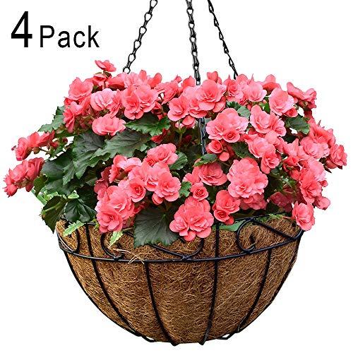4 Pack Metal Hanging Planter Basket with Coco Coir Liner 14 Inch Round Wire Plant Holder with  Hanger Garden Decoration Watering Hanging Baskets