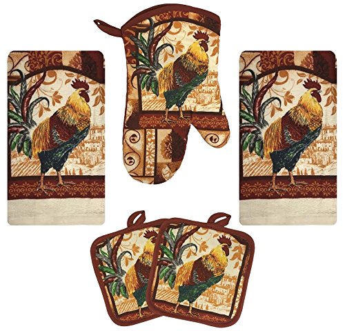 Farm Rooster Kitchen Decor Linen Set Includes 2 Dish Towel 2 Pot Holders 1 Oven Mitt | Kitchen Towel Set For Cooking, Baking, Housewarming and Kitchen Decoration (Set of 5 Piece)