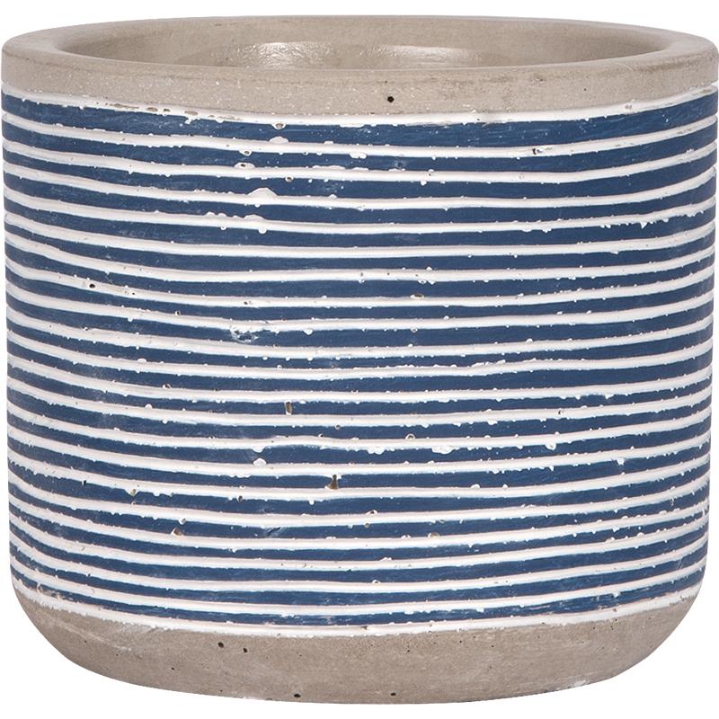 Cement Flower Pot Holder with De-bossed Blue and White Striped Print - 4-1/8-in