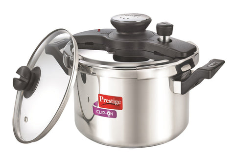 Prestige PRCO6SG Clip-on Stainless Steel Pressure Cooker, Cook And Serve Pot with Extra Glass Lid, Large 6 Liters