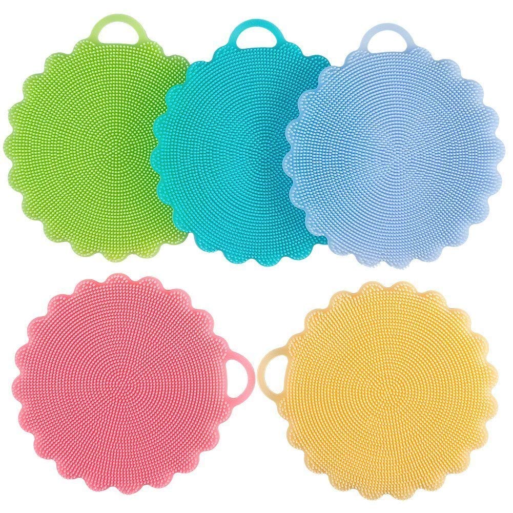 5 Pack Antibacterial Silicone Dish Scrubber Dishwashing Cleaning Brush and 5 Scouring Pads for Bonus, Carnatory Fruit and Vegetable Washer Heat Insulation Pad For Kitchen Wash Pot Pan Dish Bowl