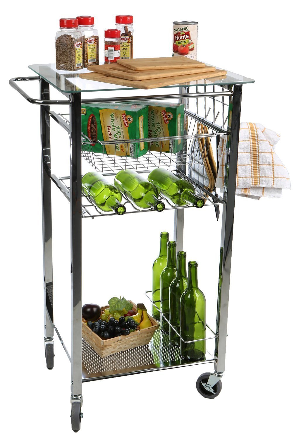 Mind Reader Glass Top Mobile Kitchen Cart with Wine Bottle Holder, Wine Rack, Towel Holder, Perfect Kitchen Island for Cooking Utensils, Kitchen Appliances, and Food Storage, Silver