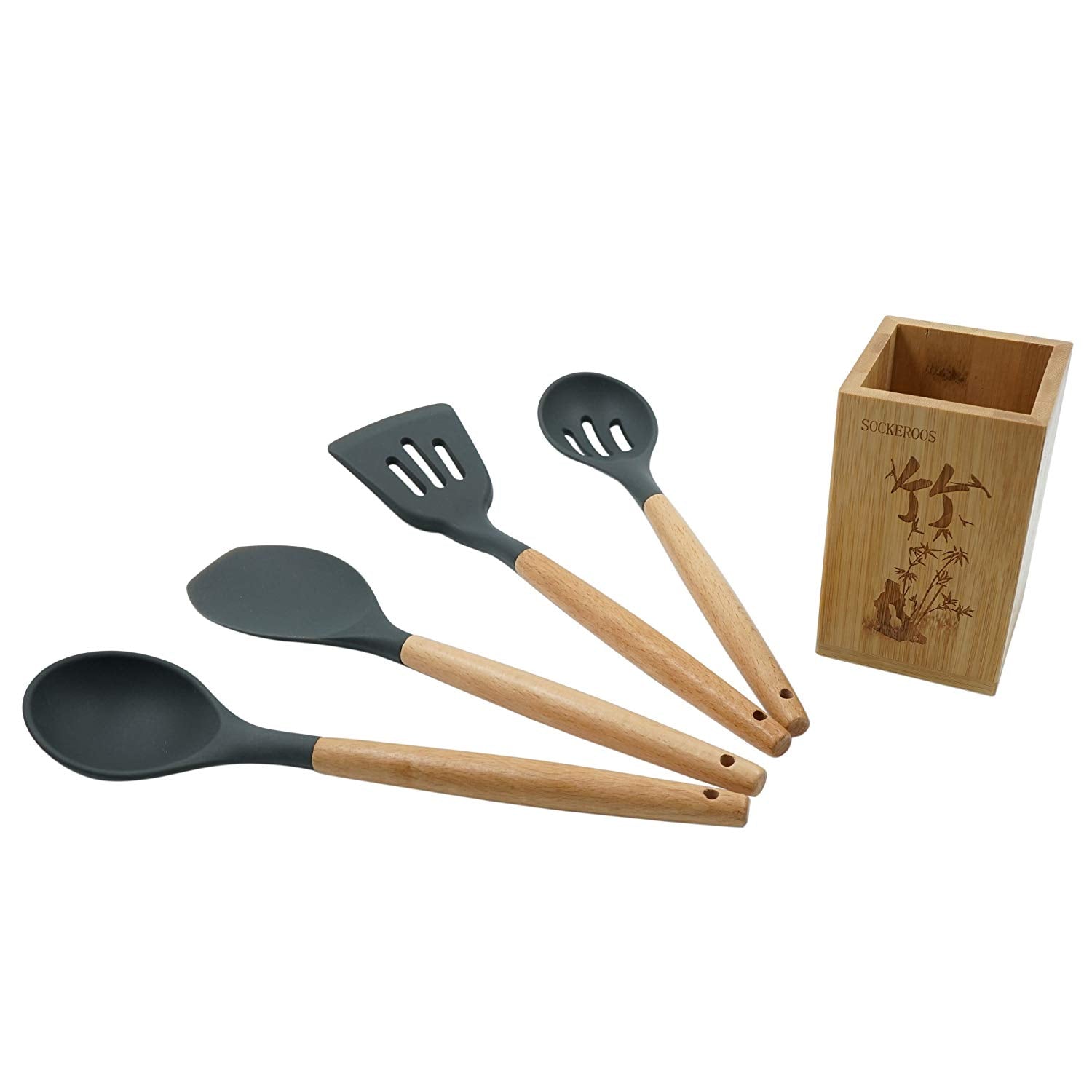 Silicone Kitchen Utensil 5 Pcs Cooking Tools Set with Beech Wood Handle, Bamboo Utensils Holder Included