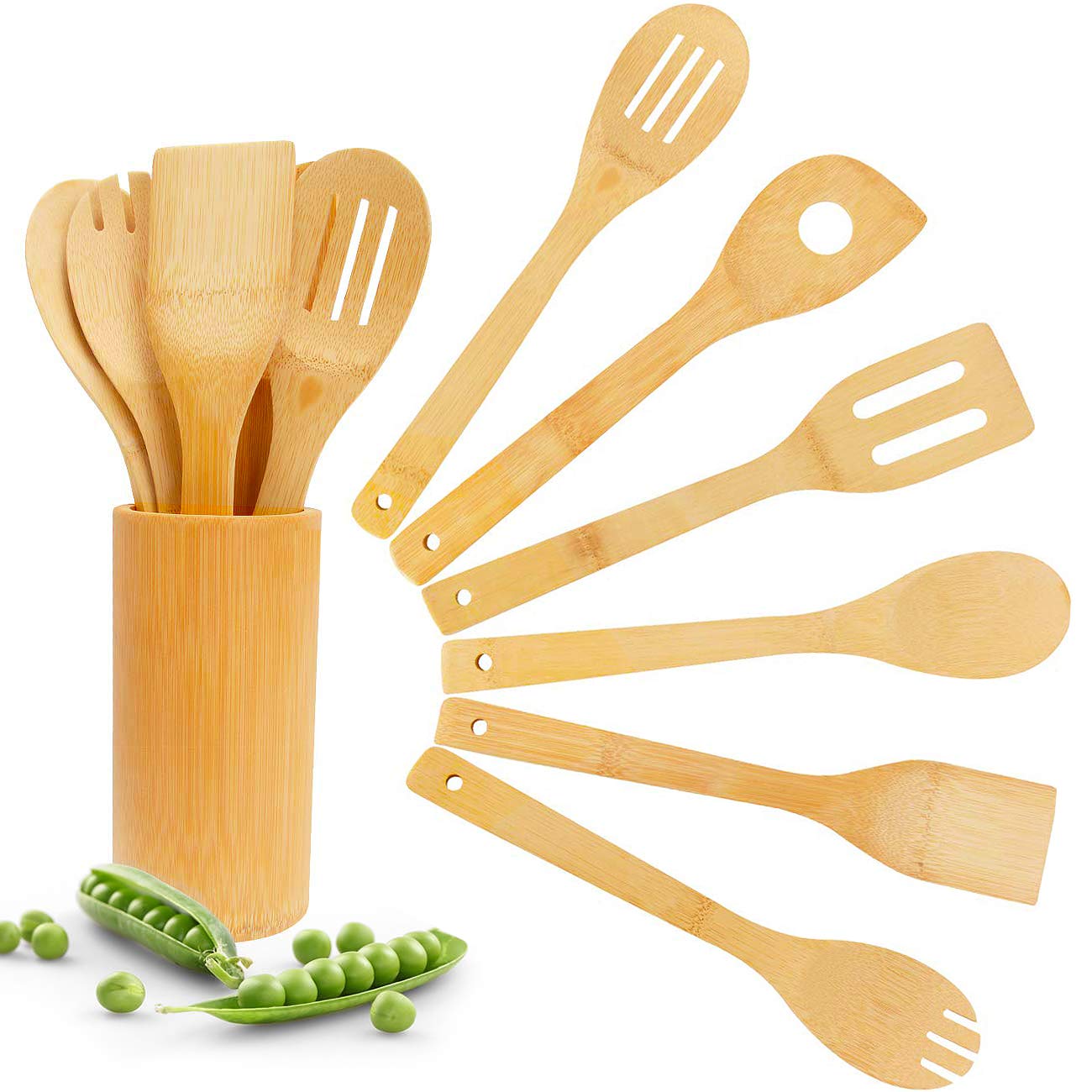 Kitchen Utensil Set with Holder Caddy Crock Rest Bamboo Nonstick Cooking Spoons Spatulas 6 Pieces Antimicrobial Healthy Kitchen Tools
