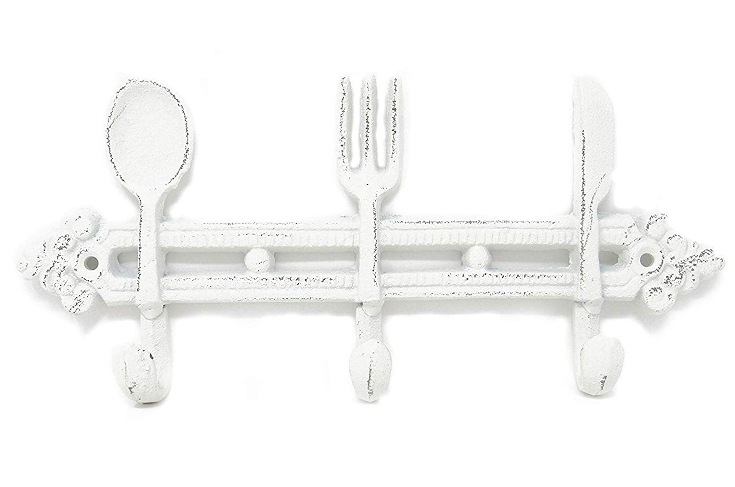 Cast Iron Utensil Spoon, Knife & Fork with 3 Wall Hooks - Decorative Kitchen Towel Hook Holder, Shabby Chic, Holds Coats, Bags, Hats, Scarf’s - Includes Screws & Anchors -11.0 x 5 x 1.5