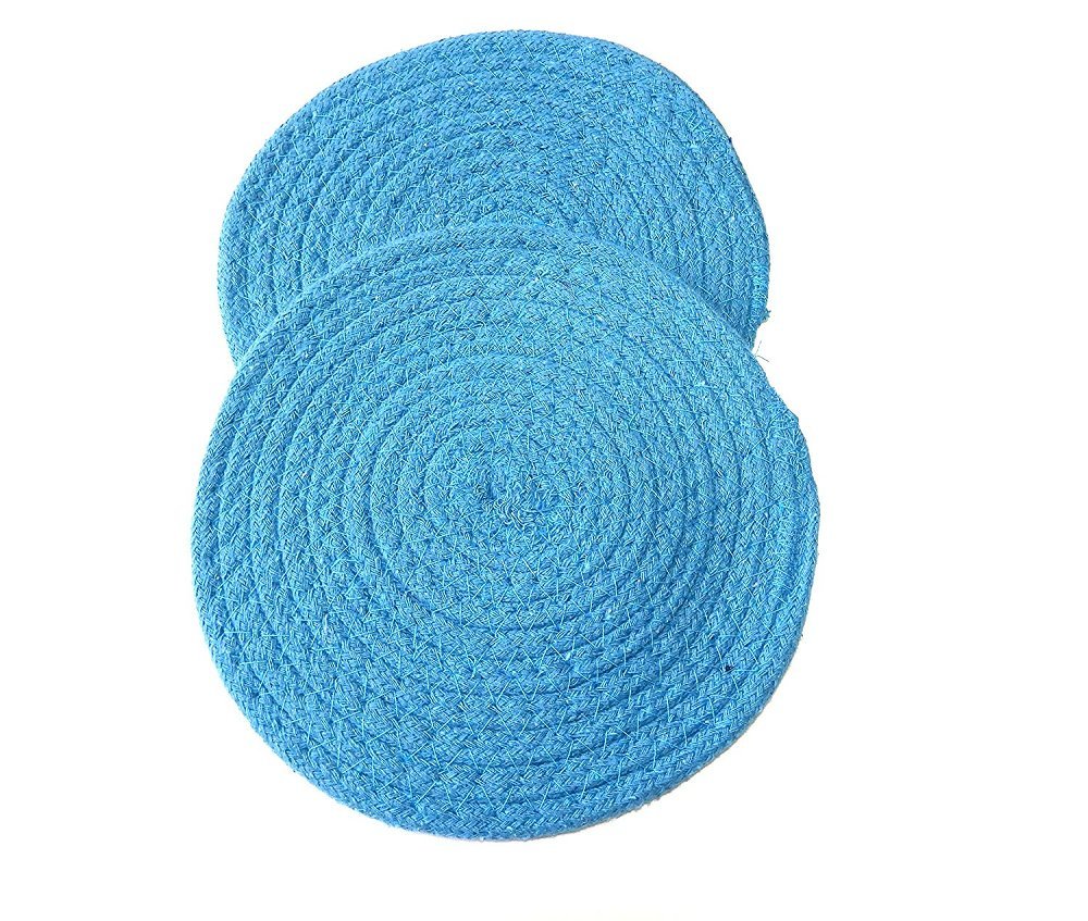 Woven Trivet 2 Piece Set 7.5" Round Counter Top Protection (Blue)