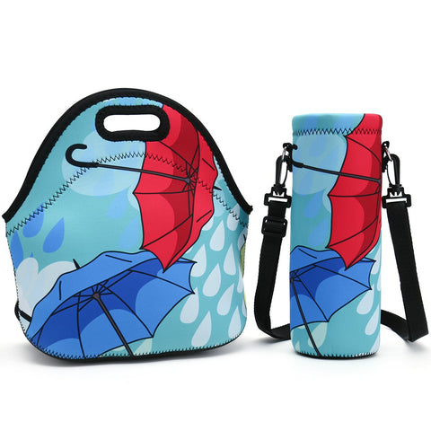 Neoprene Lunch Bag, Thick insulated Lunch Box Bag For Women,Men & Kids+Water Bottle Carrier Adjustable Shoulder Strap For Snacks & Lunch- Suitable For Travel,Picnic,School,Office (Nice Umbrella)