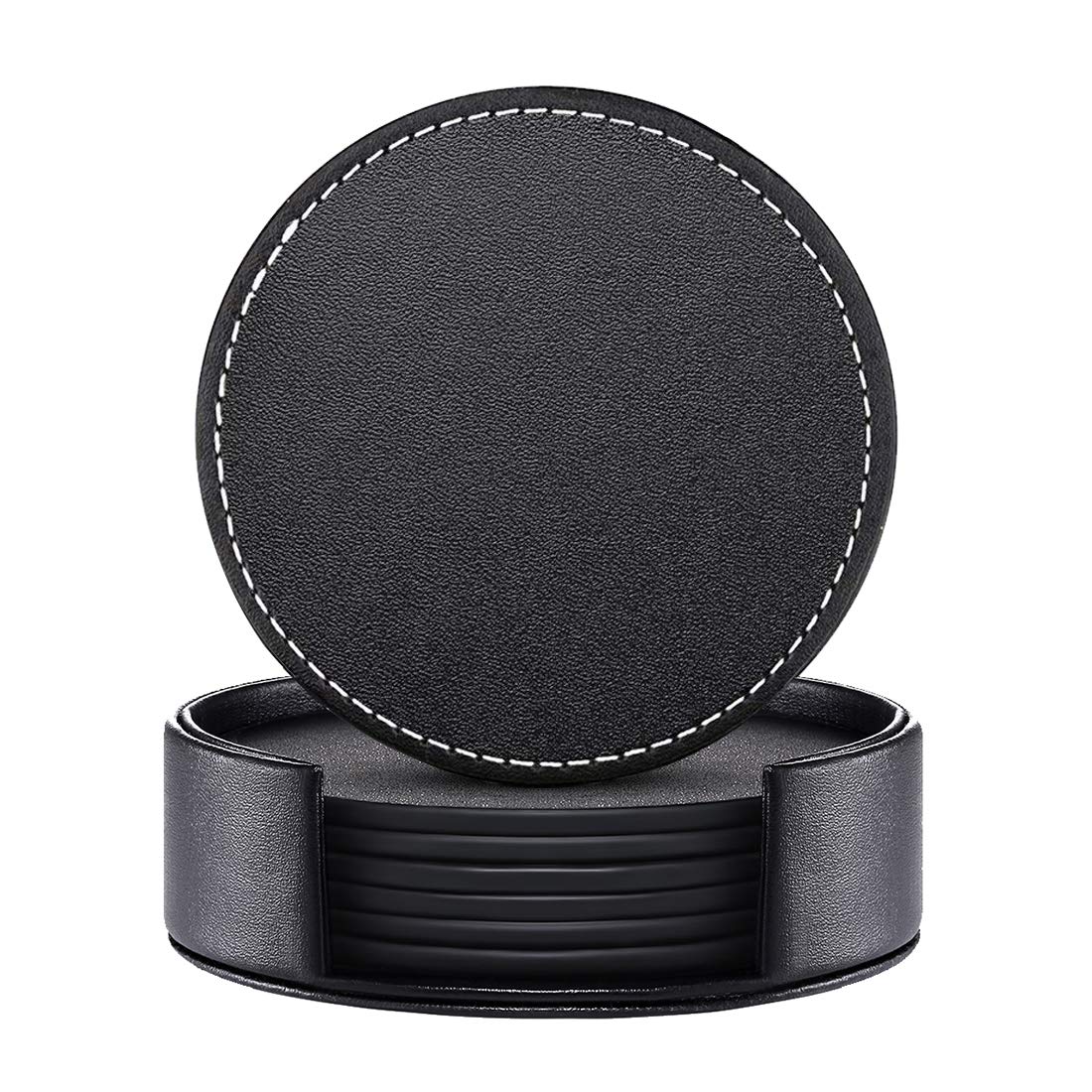 Leather Coasters, Set of 6 PU coaster with Holder, Protect Furniture from Water (Black, Round)
