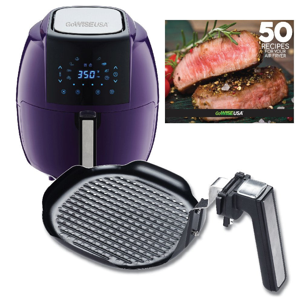 GoWISE USA 5.8-Quarts 8-in-1 Air Fryer XL + Insert Grill Pan with 50 Recipes for your Air Fryer Book (Plum + Grill Pan)