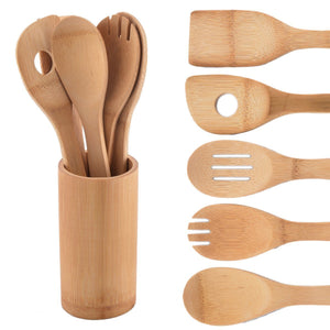 Heselian Bamboo Wooden Spoons Cooking Kitchen Spatula Utensil Set, 6 Pieces + Holder, 100% Organic bamboo