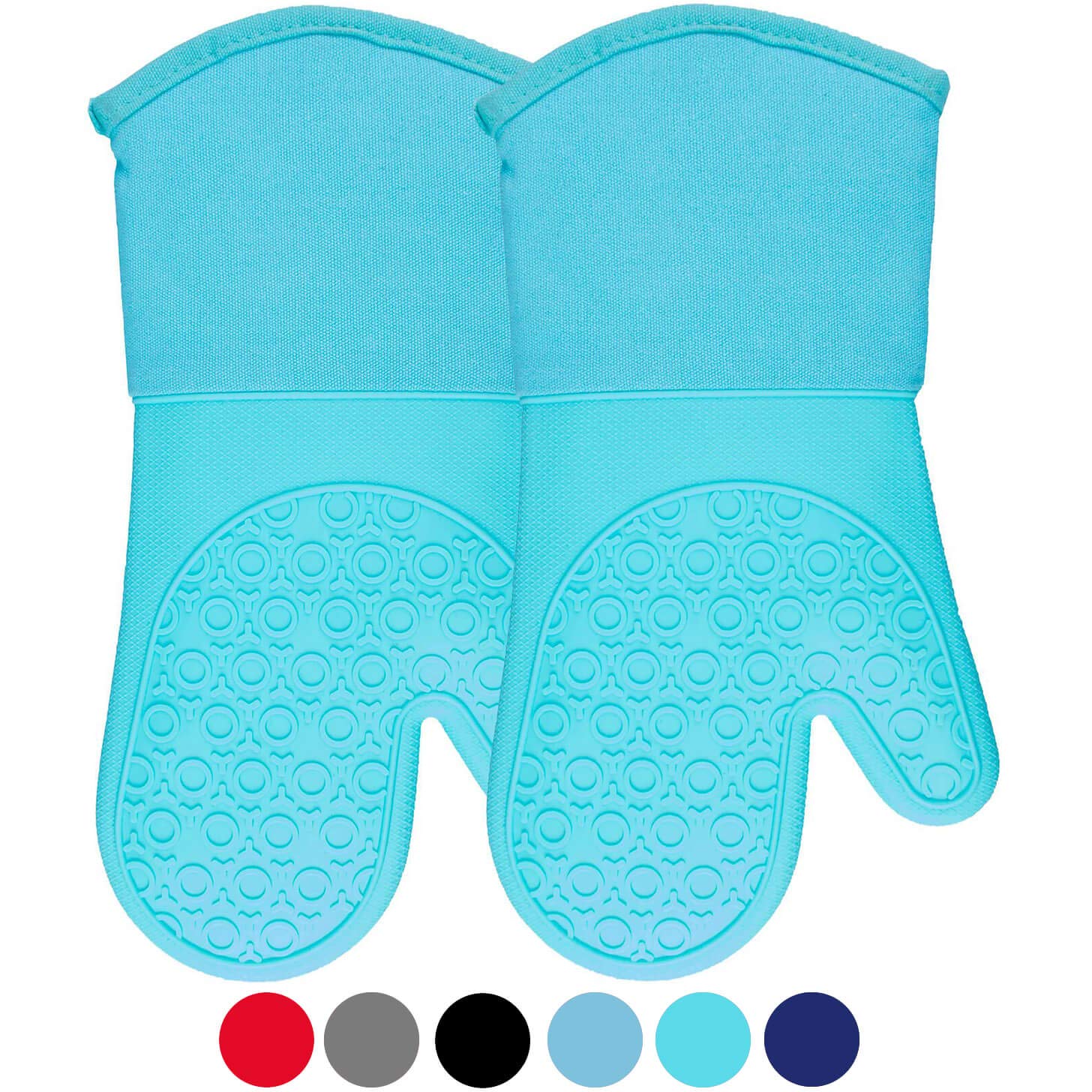 Silicone Oven Mitts with Quilted Cotton Lining - Professional Heat Resistant Kitchen Pot Holders - 1 Pair (Turquoise - 13.7 Inch Long, Oven Mitts)