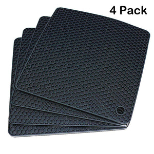 Lucky Plus Silicone Pot Mat for Countertop Trivet Pads Heat Resistant Table Placemats 4 Pack,Size:7.5x7.5 Inch, Color: Black, Shape:Square