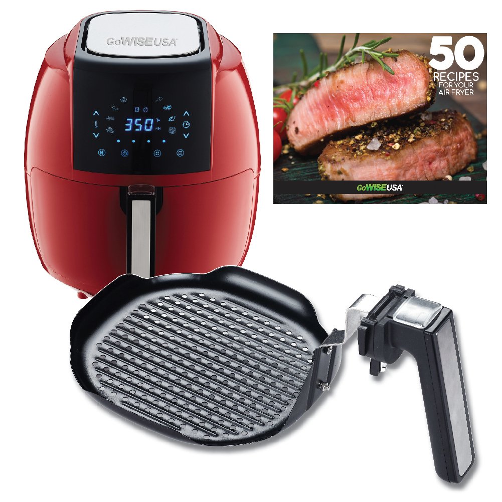 GoWISE USA 5.8-Quarts 8-in-1 Air Fryer XL+ Insert Grill Pan with 50 Recipes for your Air Fryer Book (Red + Grill Pan)
