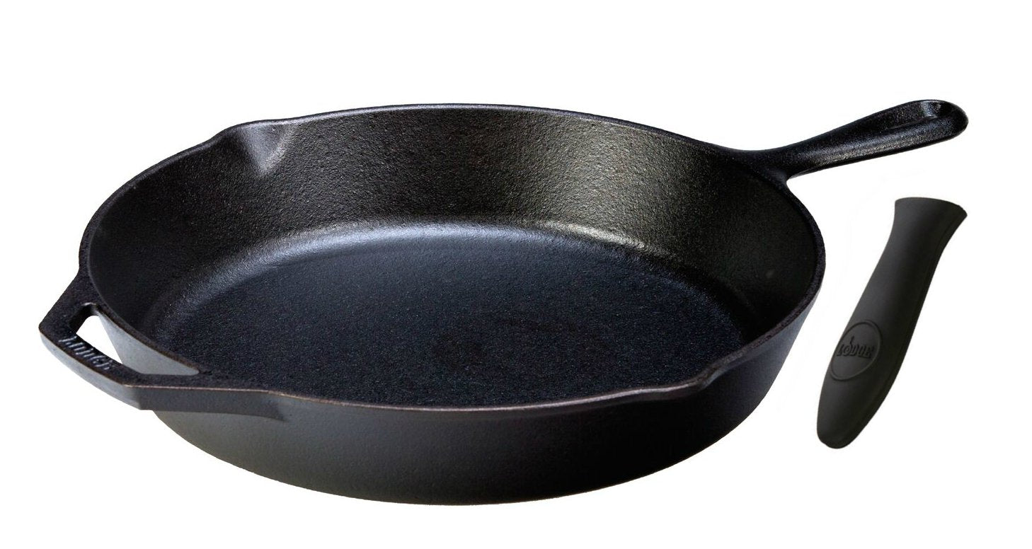 Lodge Seasoned Cast Iron Skillet with Hot Handle Holder - 10.25” Cast Iron Frying Pan with Silicone Hot Handle Holder (BLACK).