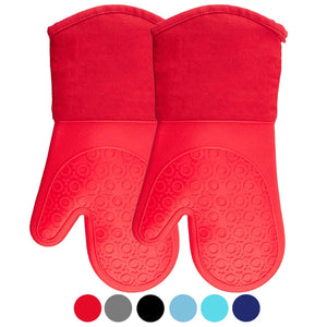 Silicone Oven Mitts with Quilted Cotton Lining - Professional Heat Resistant Potholder Kitchen Gloves - 1 Pair (Red) - Homwe