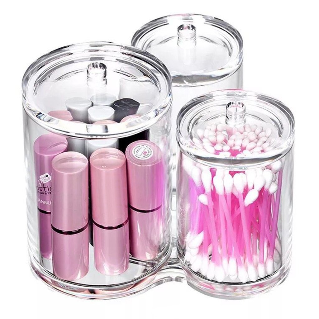 Hipiwe Clear Acrylic Cotton Swab Holder Preminm Quality Round Container Cotton Pad Q-tip Organize Case for Make Up Brush Clear Apothecary Jar