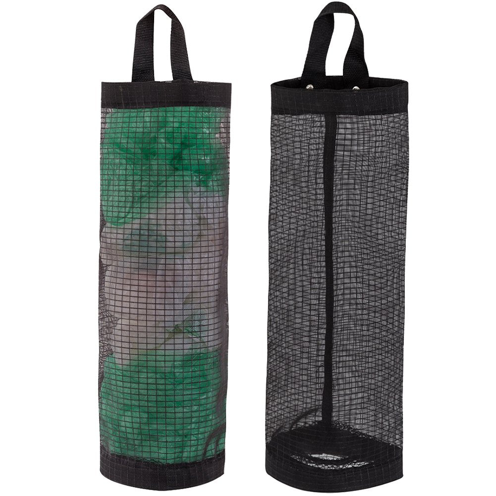 LINEVI Bag Holder for Plastic Bags, 2 Pcs Polyester Grocery Bag Holder Plastic Dispenser Foldable Breathable Washable Hanging Mesh Garbage Bag Organizer for Kitchen Plastic Bag Storage (Black)
