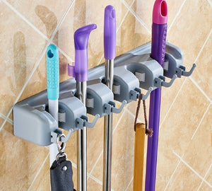 Broom, Mop, Kitchen, Garden, Garage and Shed Organizer Wall Mount 5 Ball Slots and 6 Hooks. Super Strong Grip