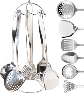 Stainless Steel Cooking & Serving Utensil Set - 7 Piece Kitchen Utensils Set | Countertop Utensil Holder | Spoon, Spatula, Skimmer, Soup Ladle, Potato Masher, Slotted Spatula