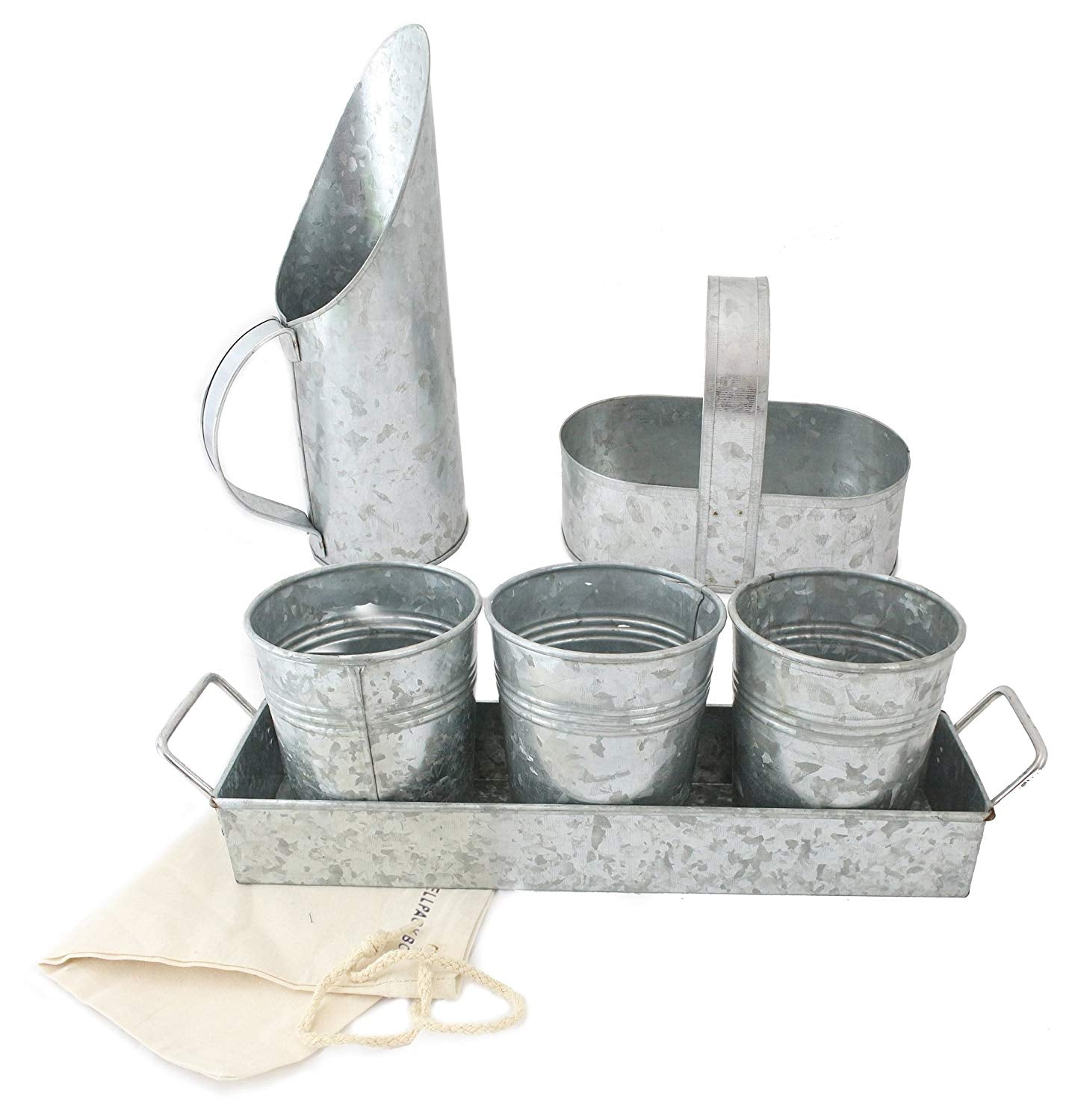 WellPackBox 7 Piece Picnic Caddy Planter Set Condiment Server Vase Bottle Holder Galvanized Plus Utensil Bag