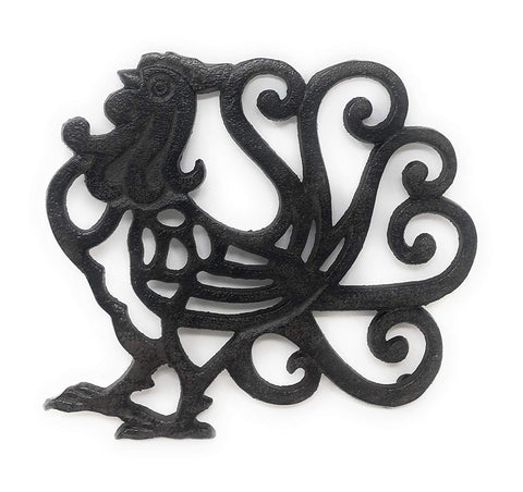 Rustic Country Rooster Trivet - Cast Iron - Wall Hanging or Counter Top with Elegant Scroll work