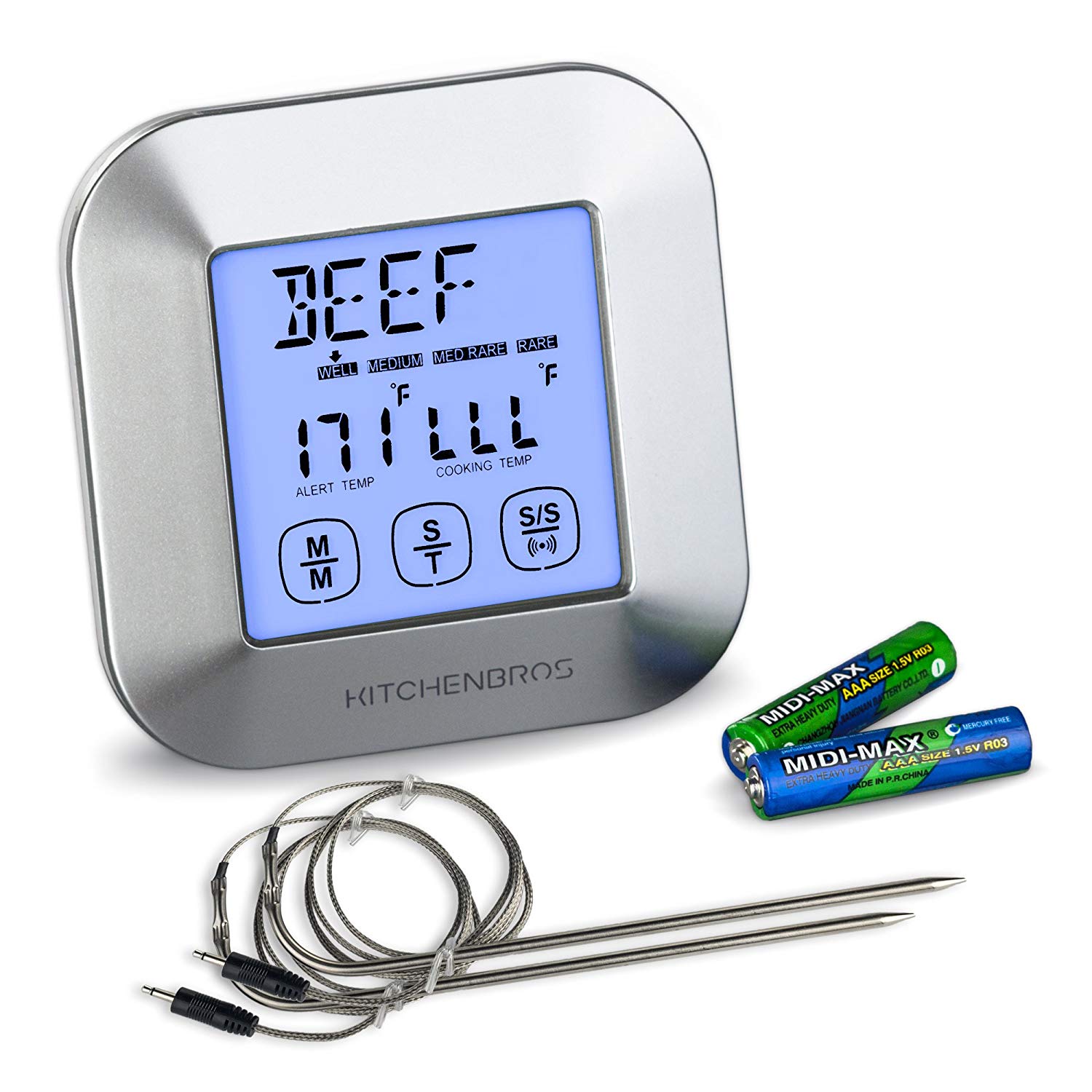 KitchenBros Digital Food Thermometer Instant Read For Cooking Meat BBQ Turkey And Steak Grill Oven Smoker Safe With Alarm Timer 2 Stainless Steel Probe AAA Batteries Included