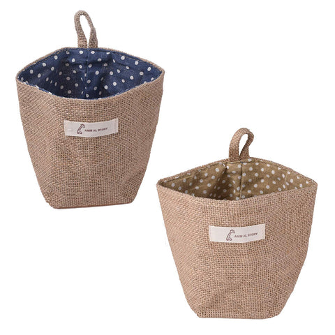 CM Cosmos 2 Pcs Mini Hanging Storage Bag Cotton Linen Small Storage Basket Decor Bin Bag for Wall Door Closet (Blue & Yellow Dot Pattern)