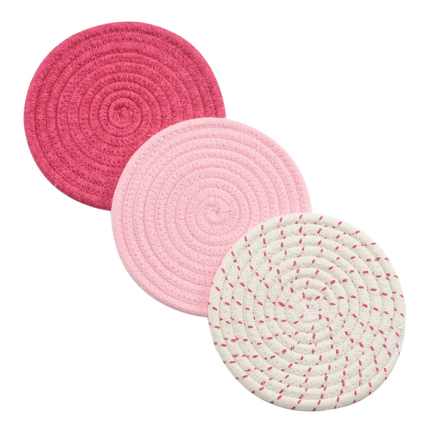 Kitchen Potholders Set Trivets Set 100% Pure Cotton Thread Weave Hot Pot Holders Set (Set of 3) Stylish Coasters, Hot Pads, Hot Mats, Spoon Rest For Cooking and Baking by Diameter 7 Inches (Pink)