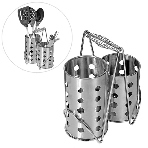 Modern Stainless Steel 2 Compartment Kitchen Utensil Holder, Cutlery Air Drying Organizer Rack