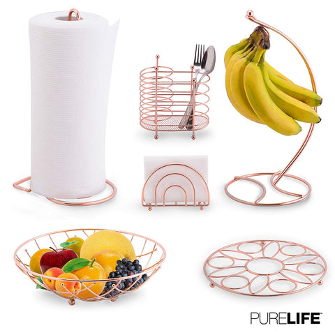 Kitchen Set 6pc | Fruit Basket, Banana Holder, Utensil Holder, Napkin Holder, Trivet & Paper Towel Holder - Double Coated Copper Finish Collection for Countertop Table Decor | Heat Resistant Tool